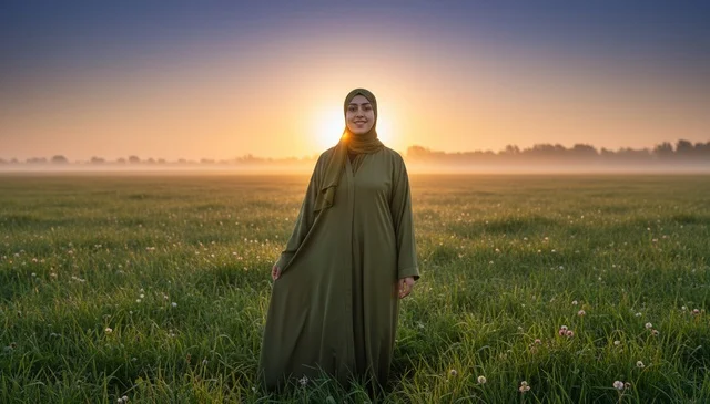 An Arab woman in a green abaya in a field at sunset.