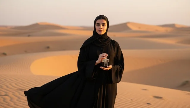 امرأة إماراتية مع زجاجة عطر في الصحراء وقت الغروب