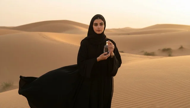امرأة عربية بالعباءة تحمل زجاجة عطر في الصحراء