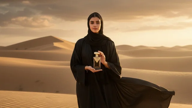 امرأة سعودية مع زجاجة عطر فاخرة في الصحراء وقت الغروب