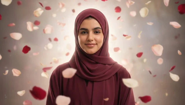 Saudi Woman in Hijab with Falling Rose Petals