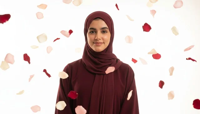 Saudi Woman in Maroon Hijab with Falling Rose Petals
