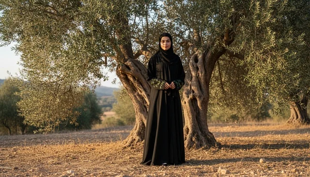 Emirati Woman in Black Abaya Near Olive Trees