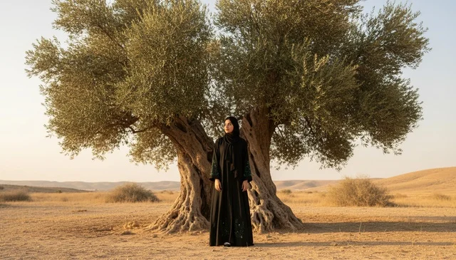 Arab Woman in Abaya by Ancient Olive Tree in Desert