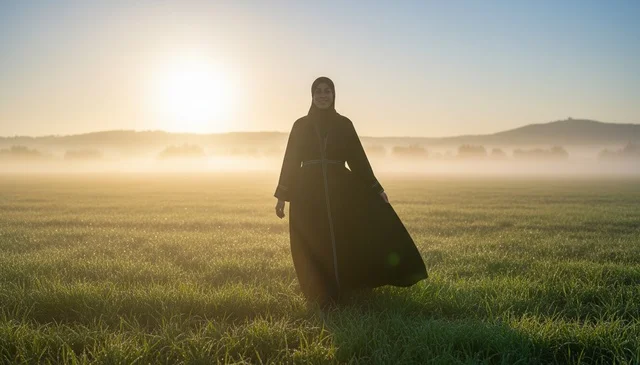 Arab Woman in Abaya Standing in Misty Field at Sunrise