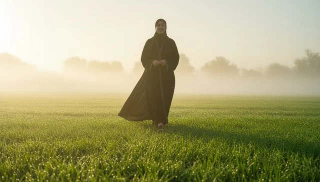 Emirati Woman in Abaya Walking in Misty Green Field