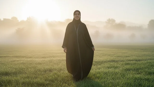 امرأة إماراتية بالعباءة في حقل ضبابي وقت الشروق