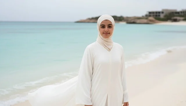 امرأة عربية بالحجاب الأبيض على الشاطئ المشمس