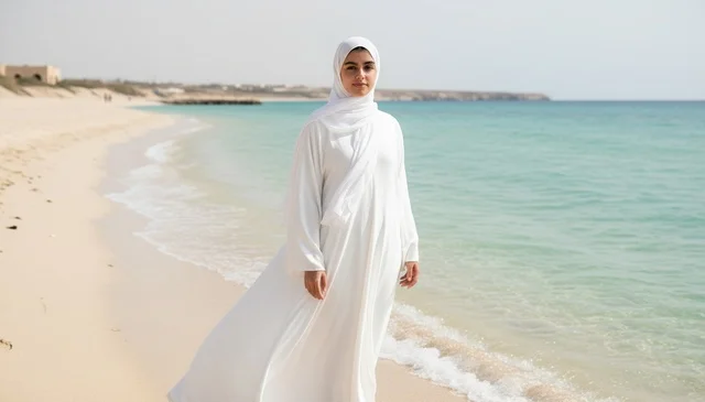 Arab Woman in White Abaya on Sandy Beach