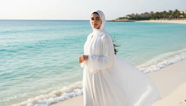 Emirati Woman in White Abaya on Tropical Beach