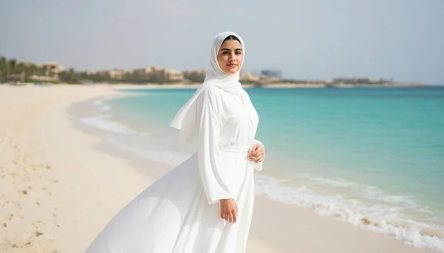 امرأة إماراتية بالعباءة البيضاء على الشاطئ امرأة إماراتية بالعباءة البيضاء على الشاطئ