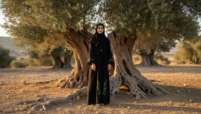 امرأة سعودية بعباءة سوداء في بستان أشجار الزيتون