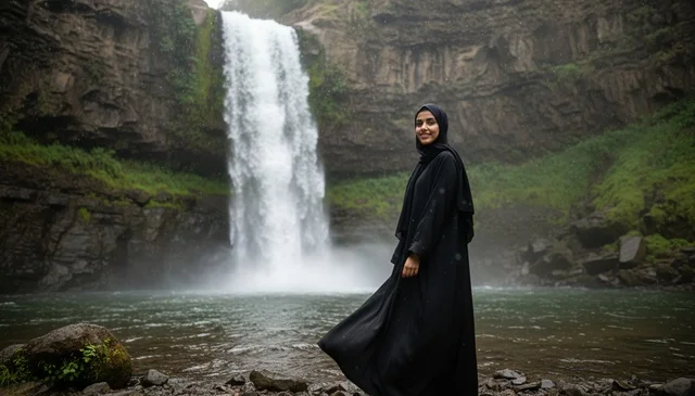 امرأة عربية بالعباءة أمام شلال مائي في الطبيعة