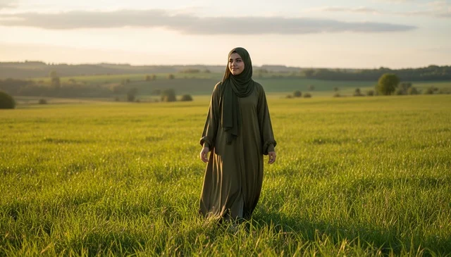 Arab Woman in Green Abaya Walking in Field at Sunset