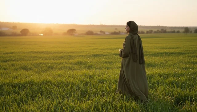 An Arab woman in a green abaya walking in a field at sunset.