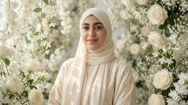 Saudi Woman in White Abaya with Floral Backdrop