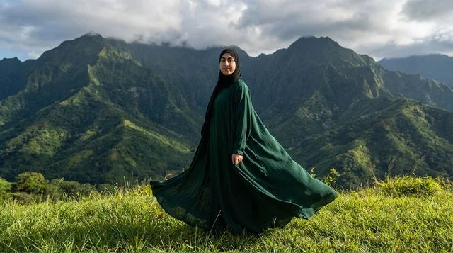 Arab Woman in Green Abaya with Mountain Landscape