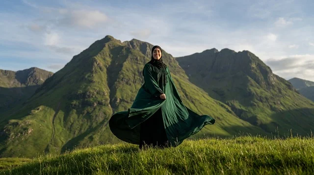 Arab Woman in Green Abaya Standing on Mountain Hill