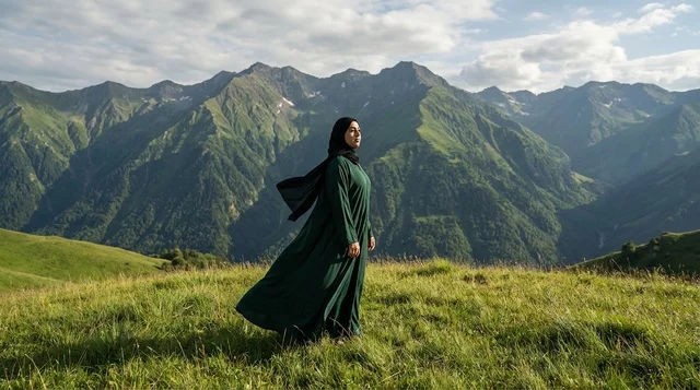 Arab Woman in Green Abaya on Mountain Peak