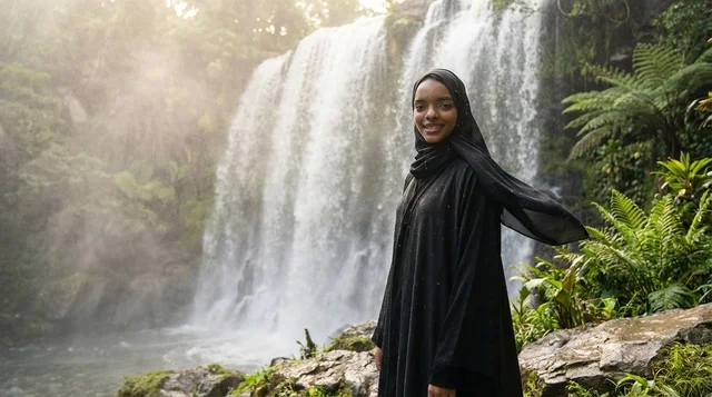 Somali Woman in Black Hijab at Tropical Waterfall