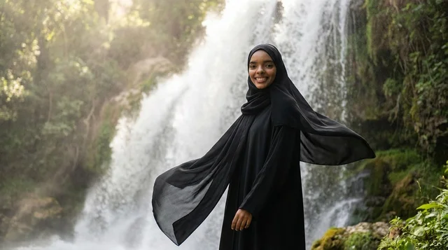 امرأة سودانية بالحجاب أمام شلال طبيعي