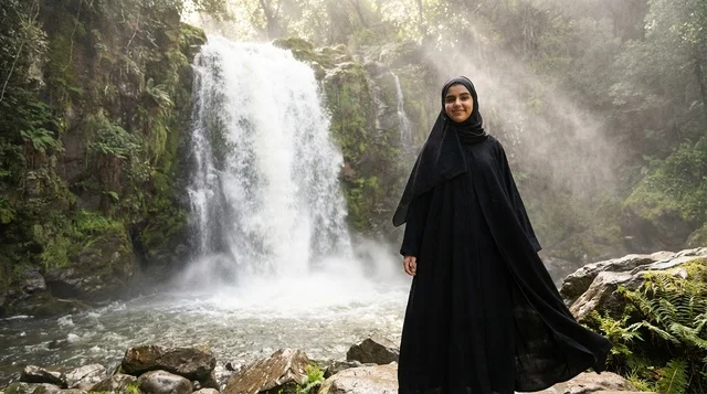 Emirati Woman in Black Abaya at Forest Waterfall