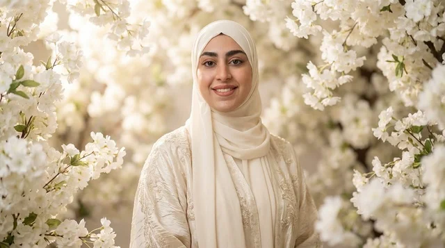 Emirati Woman in White Hijab with Spring Blossoms