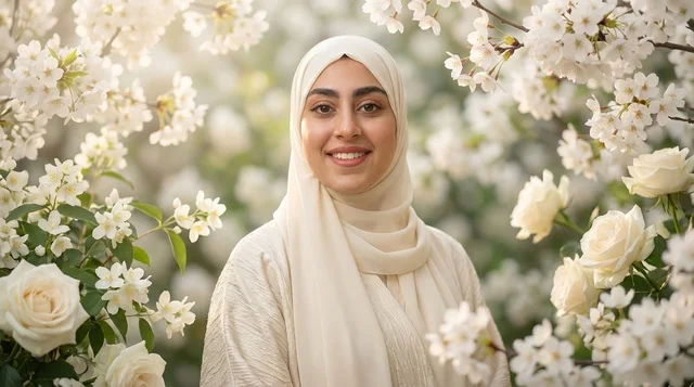 امرأة مسلمة مبتسمة بالحجاب الأبيض مع زهور الربيع