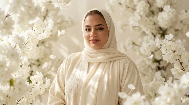 امرأة إماراتية بالعباءة البيضاء وسط أزهار الكرز