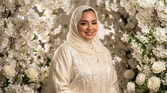 Saudi Woman in White Embroidered Abaya with Flowers