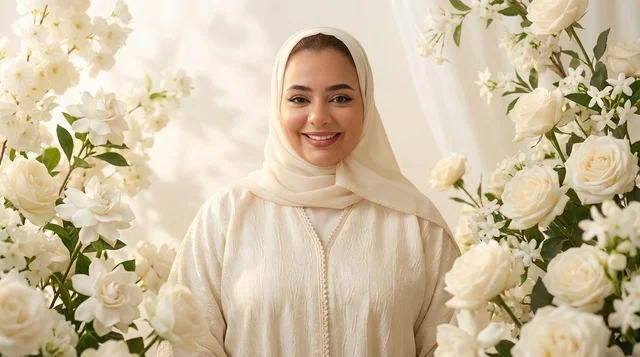 Saudi Woman in White Abaya with Floral Background