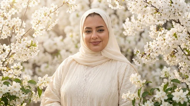 Middle Eastern Woman in White Hijab Among Blossoms