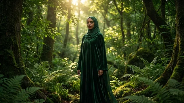 Saudi Woman in Green Abaya Standing in Forest