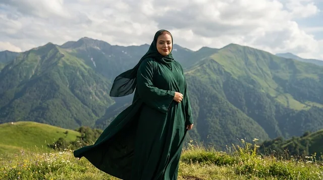Arab Woman in Green Abaya in Mountainous Landscape