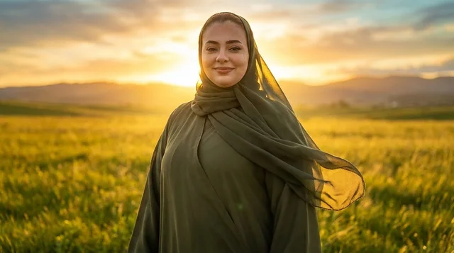 امرأة عربية مبتسمة بالحجاب الأخضر في حقل وقت الغروب