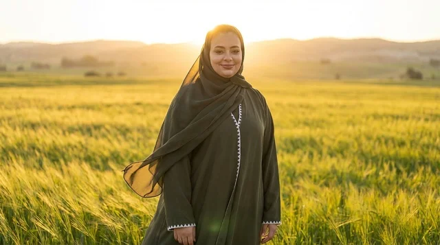 Saudi Woman in Traditional Abaya in Wheat Field at Sunset