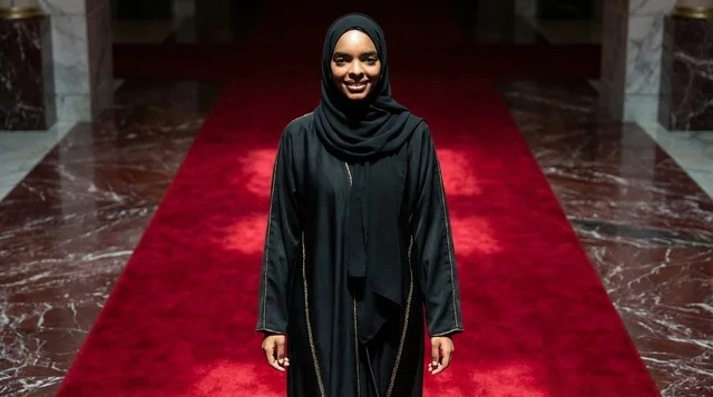 امرأة سودانية بعباءة سوداء على سجادة حمراء