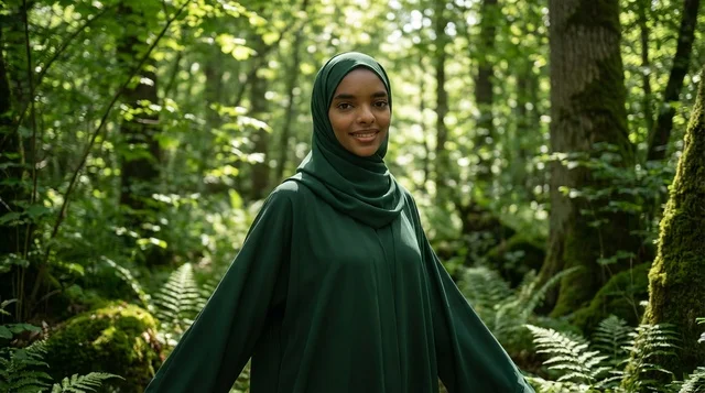 Somali Woman in Green Abaya and Hijab in Forest Daylight