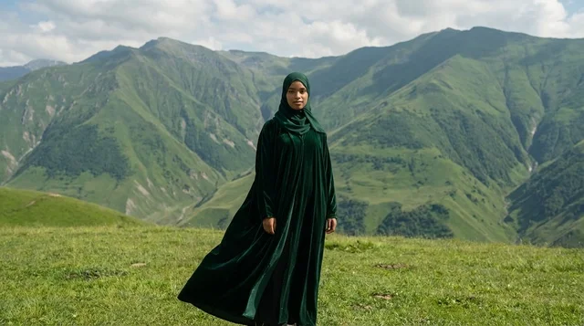 Saudi Woman in Green Abaya in Mountainous Landscape