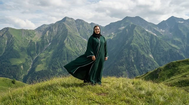Arab Woman in Green Abaya on Mountain Peak