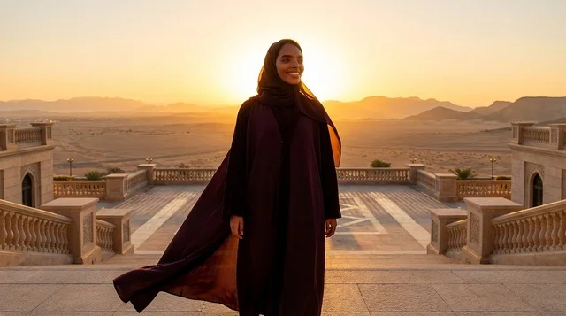 Saudi Woman in Abaya on Desert Terrace at Sunset