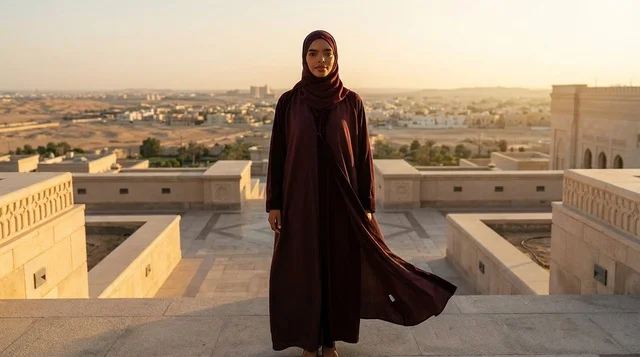 Saudi Woman in Abaya Overlooking Desert City at Sunset