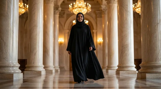 Emirati Woman in Abaya Walking in Luxury Marble Hall
