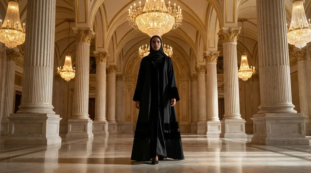 Emirati Woman in Grand Palace Hall Wearing Black Abaya