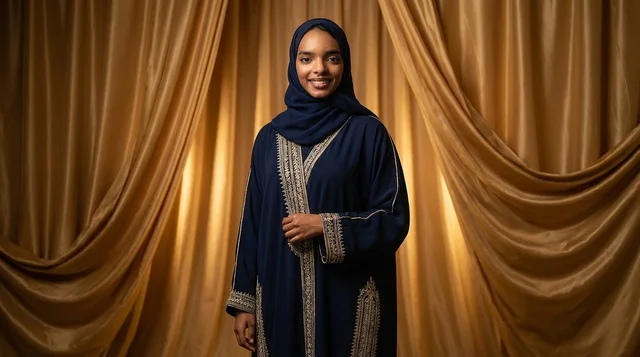Sudanese Woman in Navy Abaya Against Gold Curtains