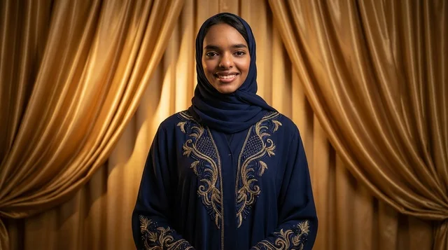 Sudanese Woman in Navy Blue Embroidered Abaya