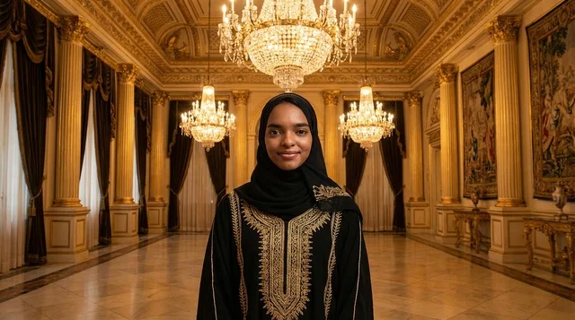 Emirati Woman in Abaya Inside Luxury Palace Hall