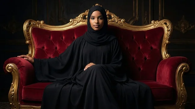 امرأة سعودية بالعباءة على أريكة حمراء فاخرة