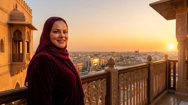 امرأة عربية بالحجاب على شرفة وقت غروب الشمس