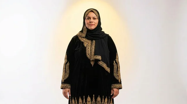 Saudi Woman in Traditional Black Jalabiya Studio Portrait Saudi Woman in Traditional Black Jalabiya Studio Portrait